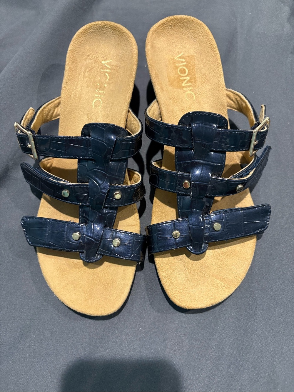 NWOT Vionic Radia Navy Blue Crocodile Patent Leather Wedges Size 6